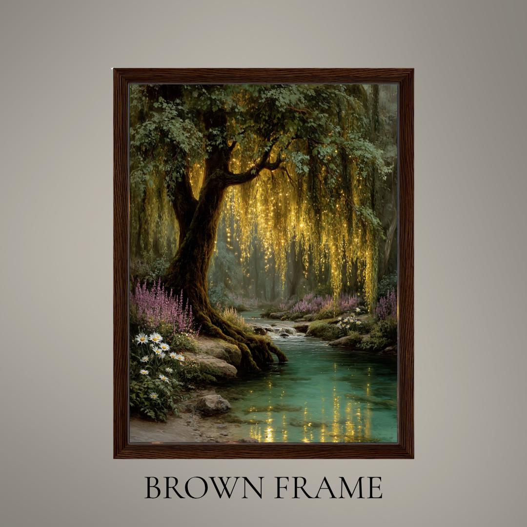 Enchanted Weeping Willow Firefly Print William Morris Inspired Fantasy Golden Tree Reflections on Water
