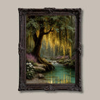 Enchanted Weeping Willow Firefly Print William Morris Inspired Fantasy Golden Tree Reflections on Water