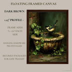 Garden Bird in Vintage Stone Bird Bath Print Oil Painted Style Wall Art