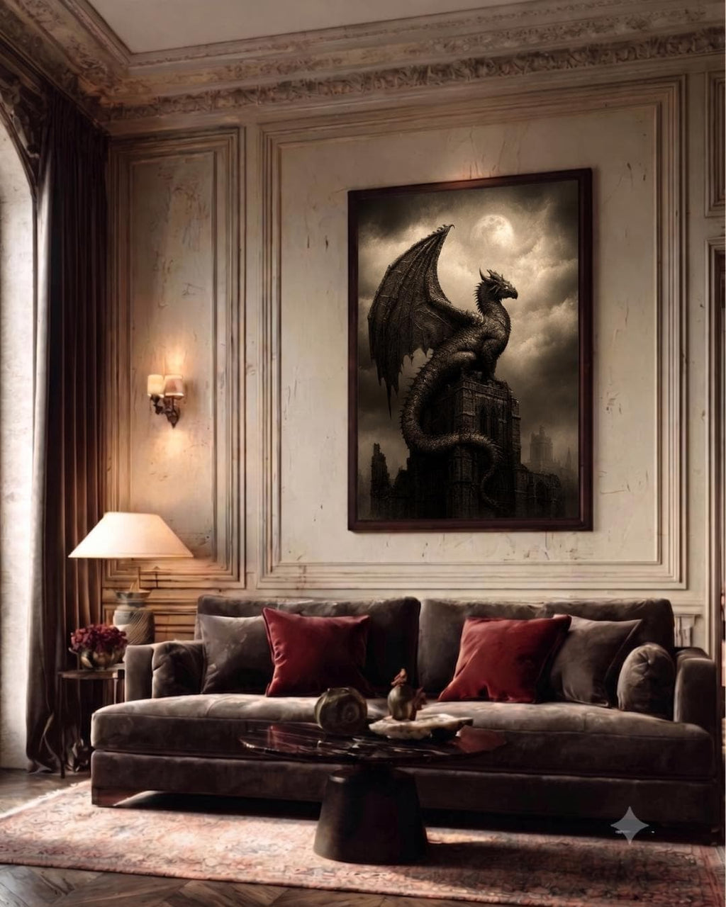 Black Dragon Wall Art, Serpent Fantasy Decor, Dark Academia Print, Medieval Castle Silhouette Artwork