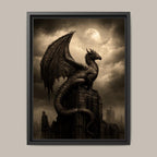 Black Dragon Wall Art, Serpent Fantasy Decor, Dark Academia Print, Medieval Castle Silhouette Artwork