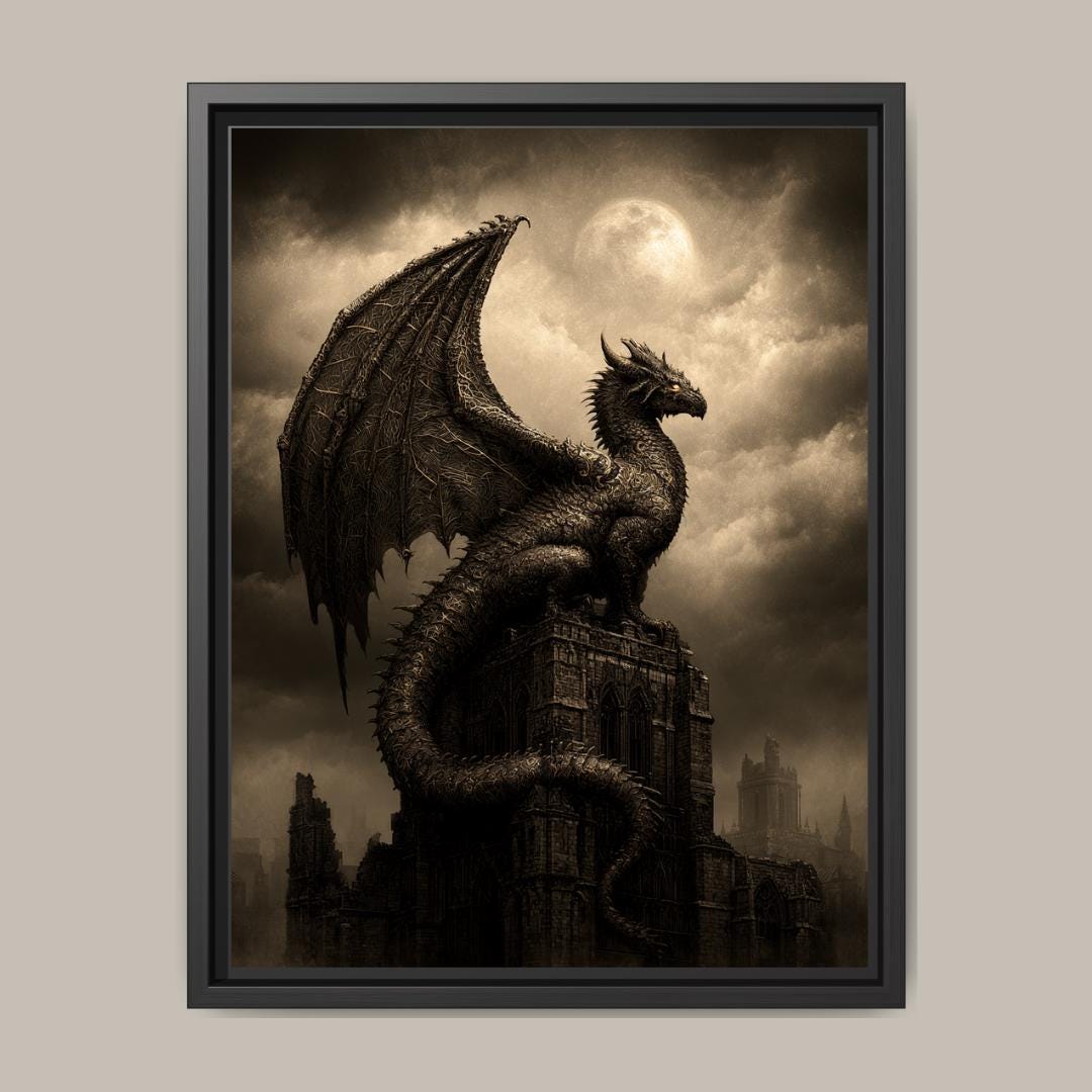 Black Dragon Wall Art, Serpent Fantasy Decor, Dark Academia Print, Medieval Castle Silhouette Artwork
