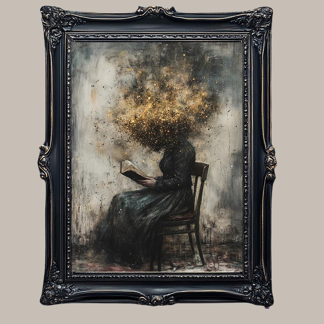 Seated Victorian Woman Reading Wallart Print, Head in Cloud of Bees Painting Main image