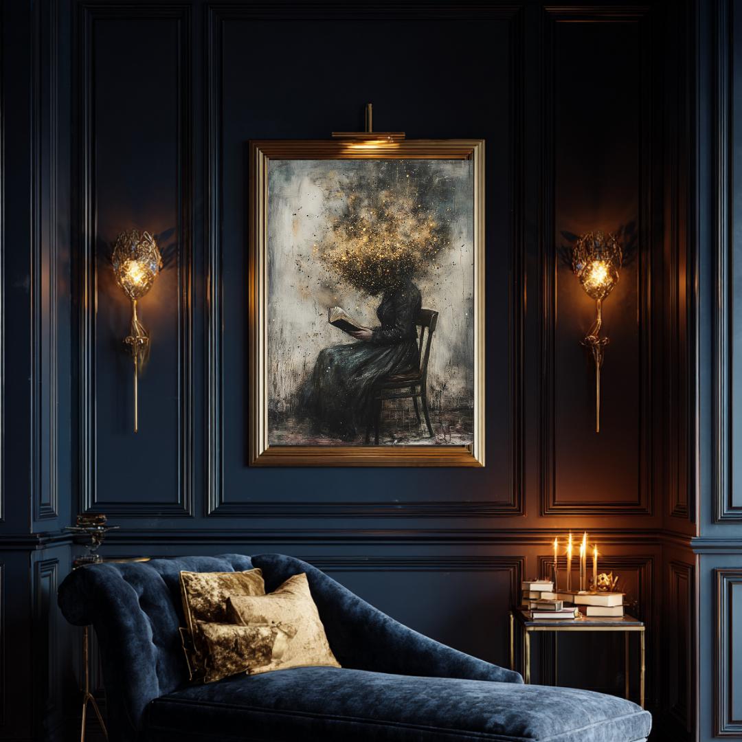 Seated Victorian Woman Reading Wallart Print, Head in Cloud of Bees Painting Secondary image