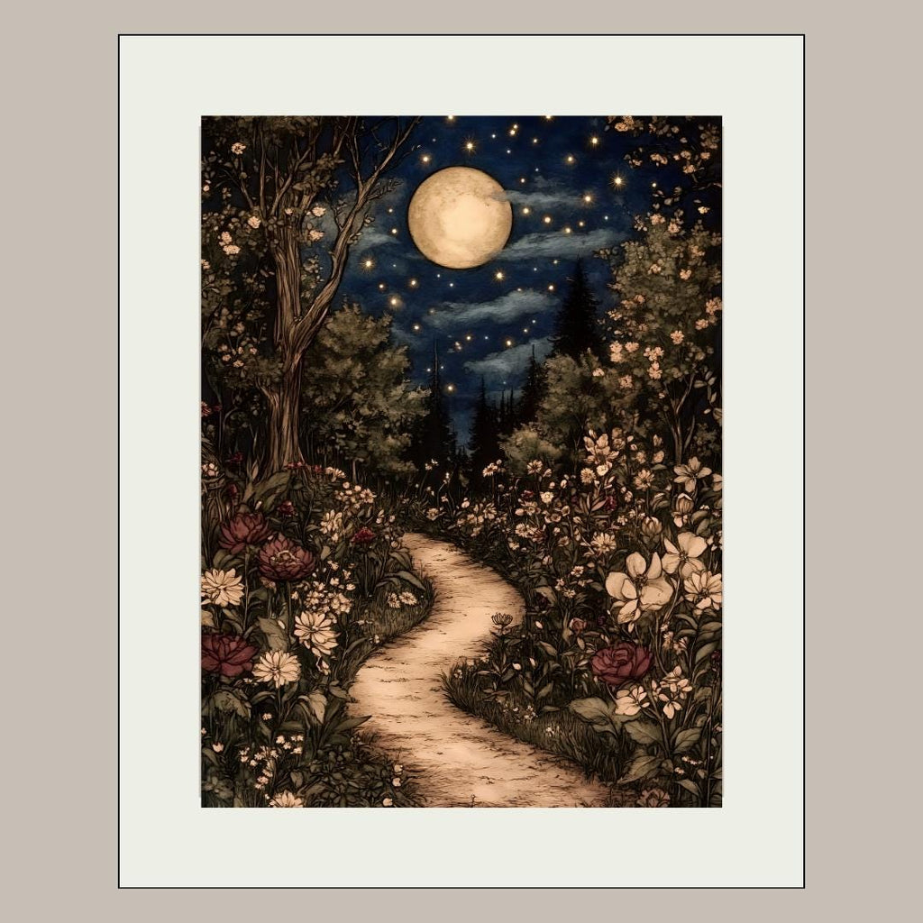Celestial William Morris Inspired Woodland Print Moonlit Garden Path Nature Illustration