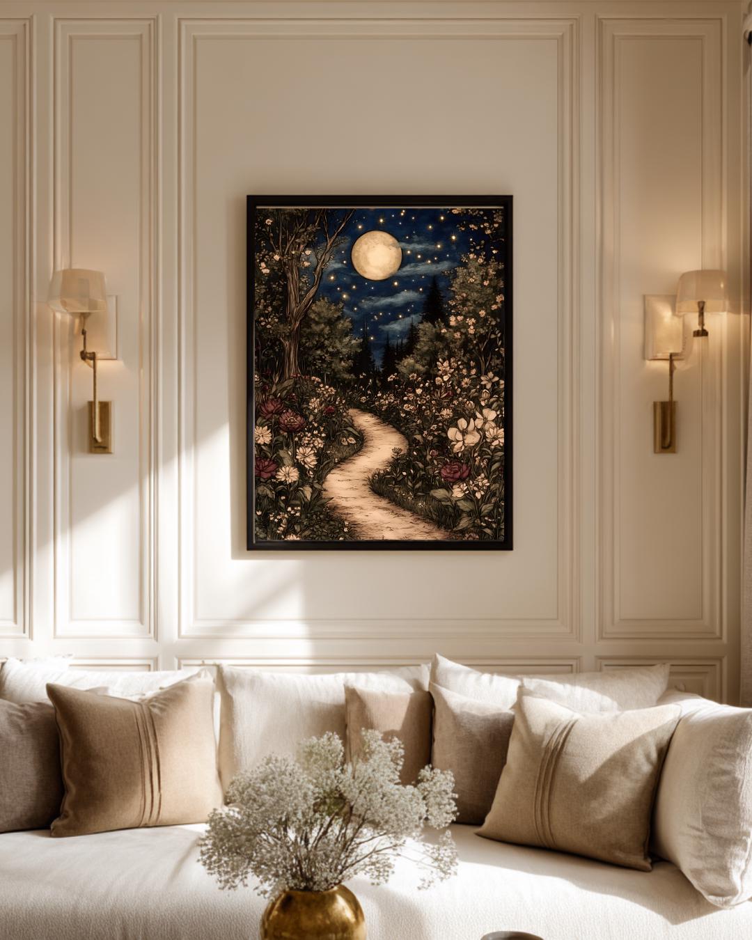 Celestial William Morris Inspired Woodland Print Moonlit Garden Path Nature Illustration
