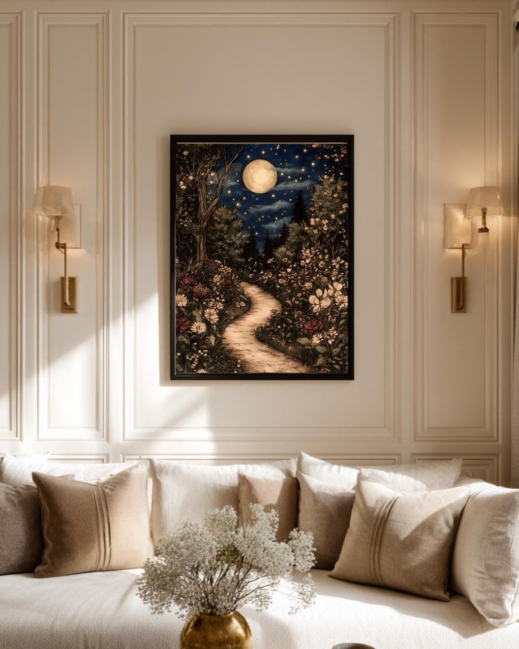 Celestial William Morris Inspired Woodland Print Moonlit Garden Path Nature Illustration