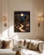 Celestial William Morris Inspired Woodland Print Moonlit Garden Path Nature Illustration