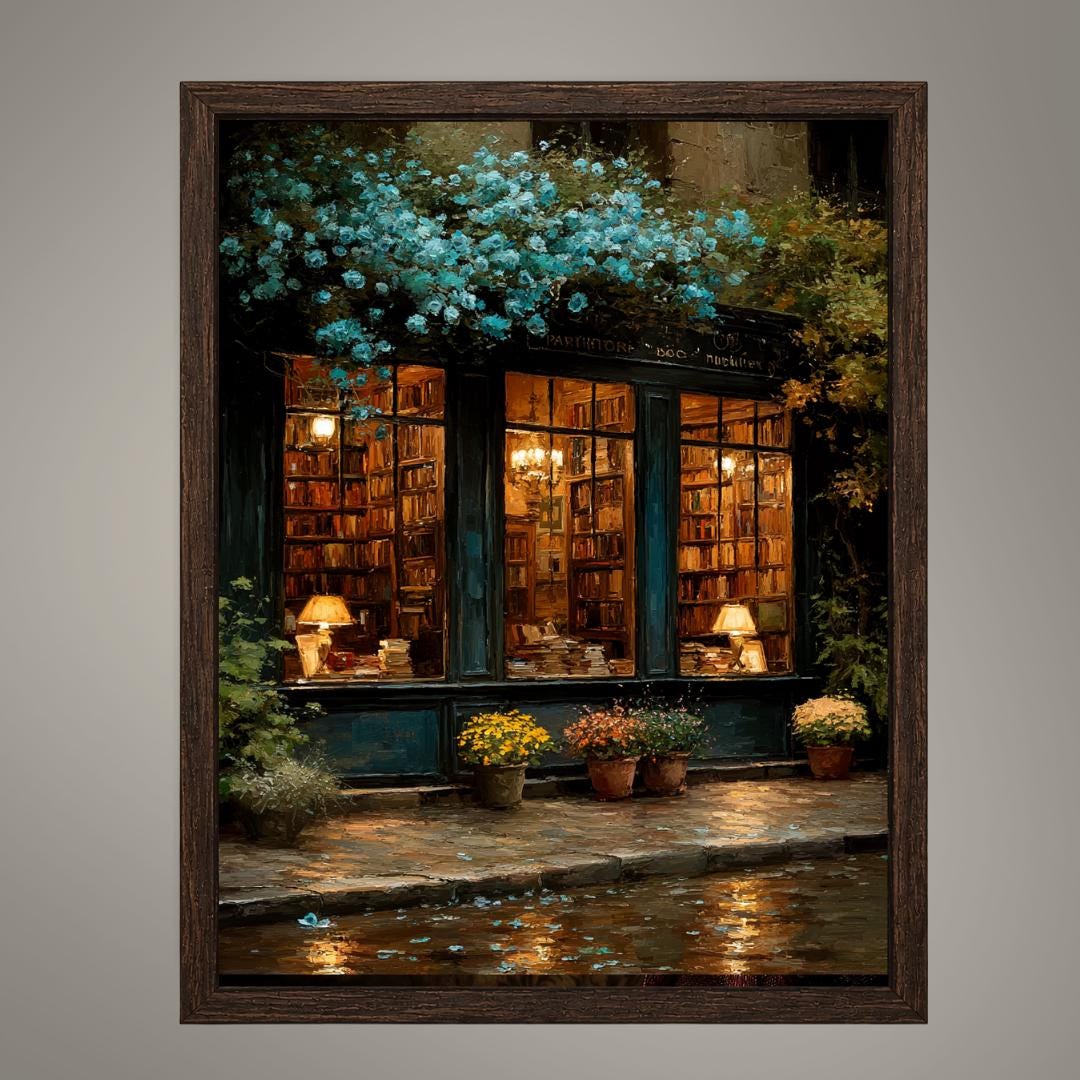 Vintage Bookshop Teal Roses Wall Art Print, Rainy Night Bookstore Painting, Dark Academia London Main image