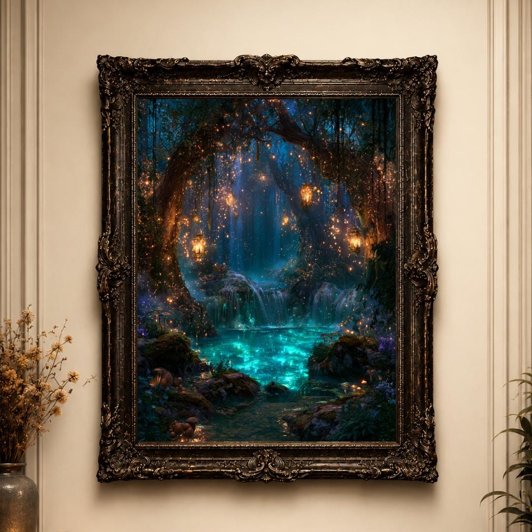Blue Lagoon Enchanted Waterfall Wall Art Print, Magical Forest Decor, Fantasy Woodland Artwork