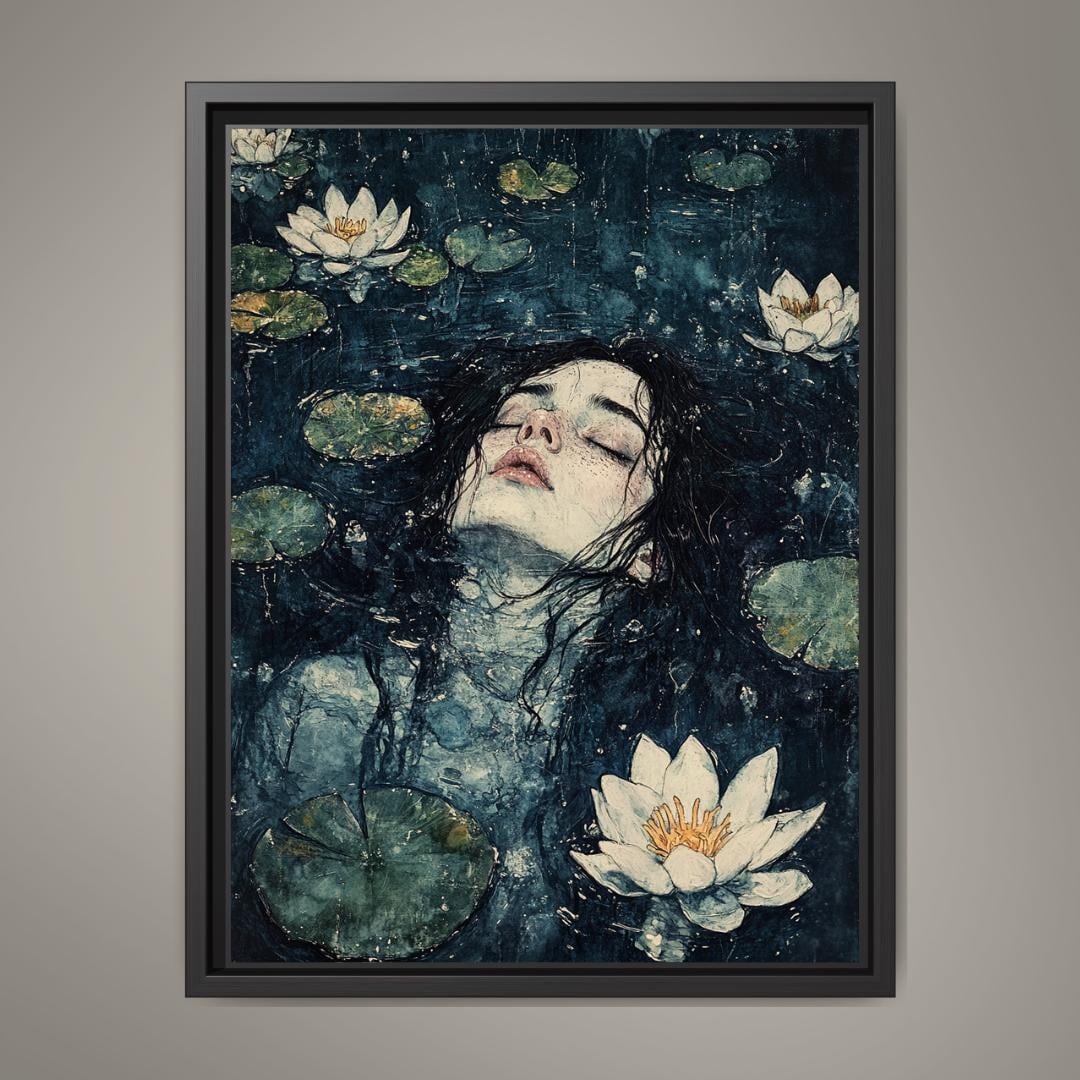 Ophelia Art Print: Gothic Lady of the Lake, Dark Moody Oil Painting Style Cottagecore Decor Main image