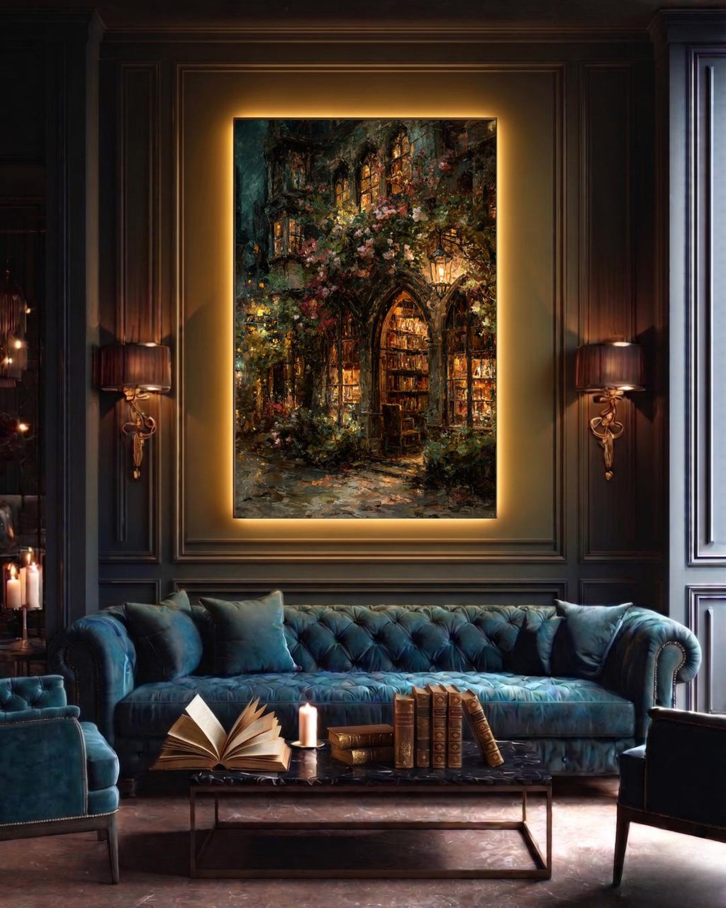 Gothic Bookstore Oil Painting Print, Dark Academia Lanterns and Roses Library Wall Art