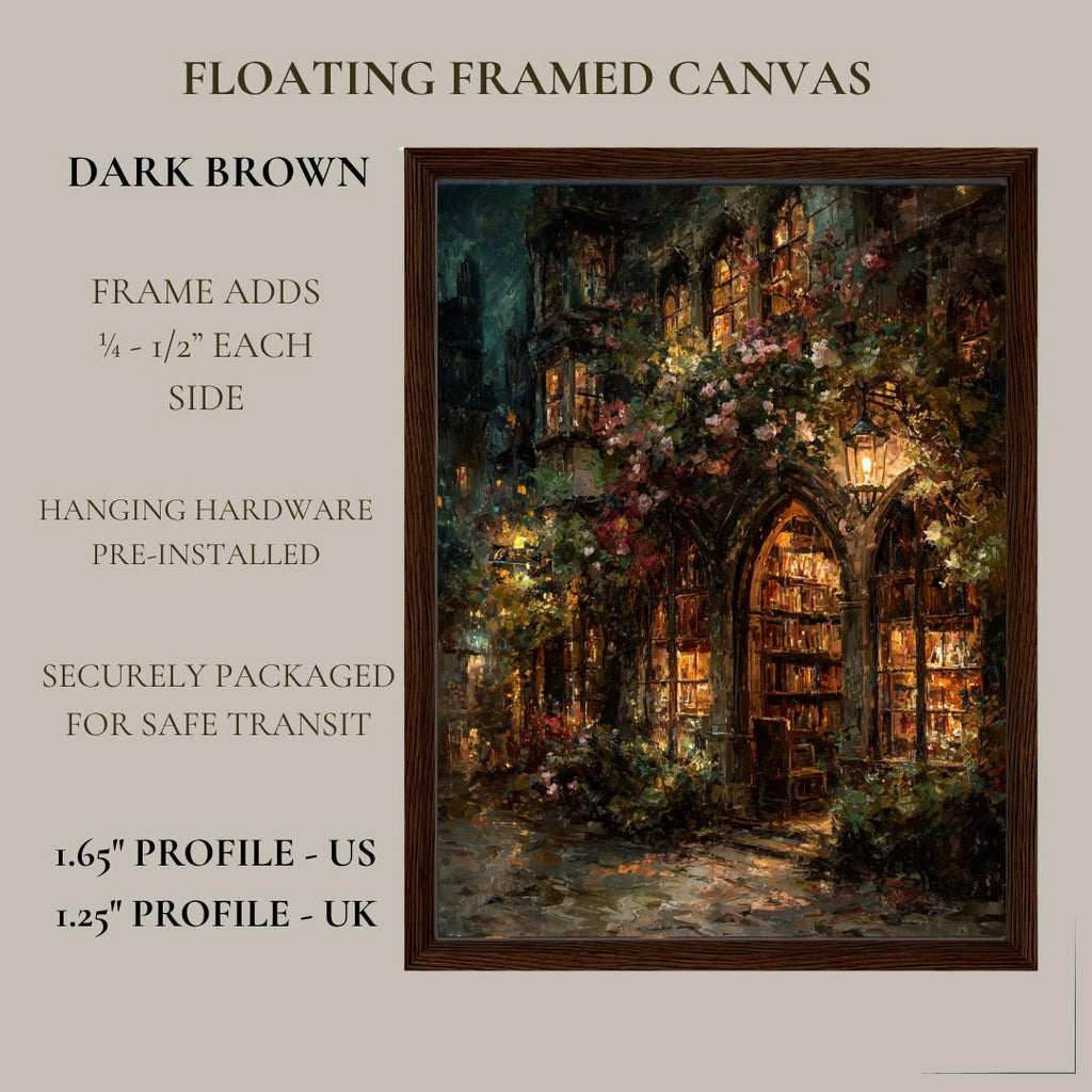 Gothic Bookstore Oil Painting Print, Dark Academia Lanterns and Roses Library Wall Art
