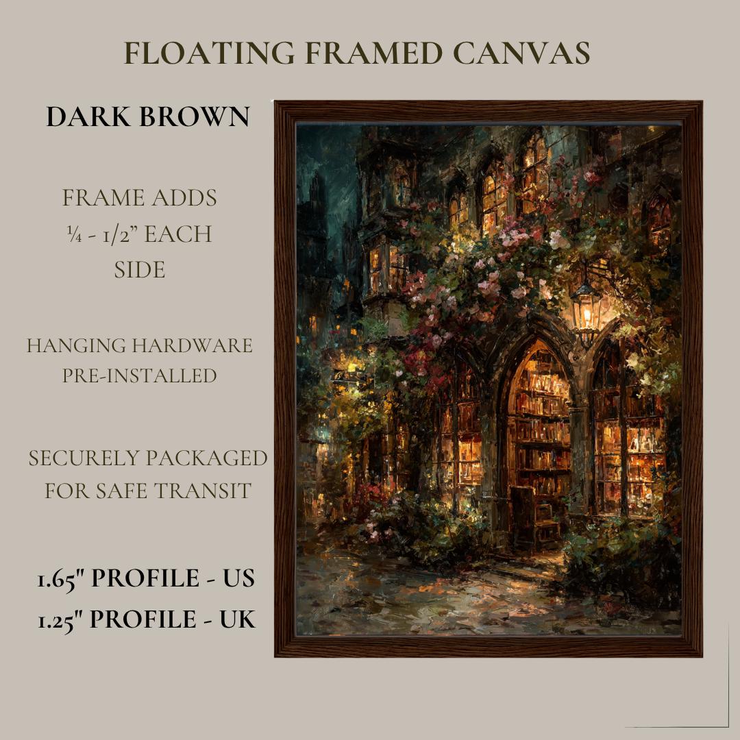 Gothic Bookstore Oil Painting Print, Dark Academia Lanterns and Roses Library Wall Art