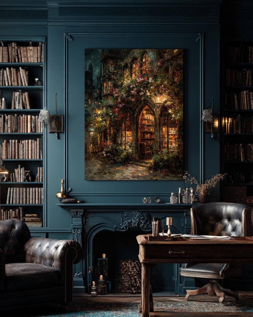 Gothic Bookstore Oil Painting Print, Dark Academia Lanterns and Roses Library Wall Art