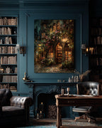 Gothic Bookstore Oil Painting Print, Dark Academia Lanterns and Roses Library Wall Art