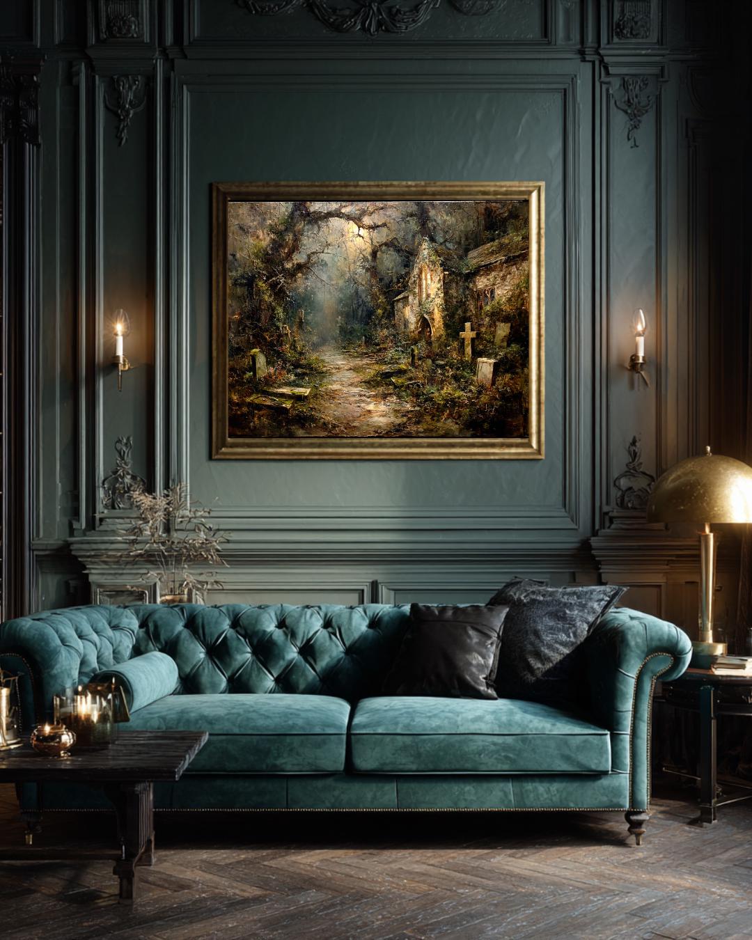 Haunted Church Graveyard Art Print, Abandoned Graves Moonlit Cemetery Dark Moody Painting