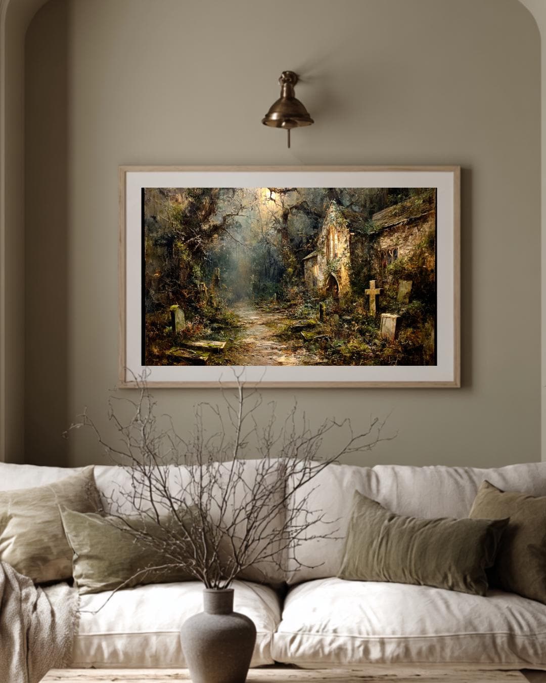 Haunted Church Graveyard Art Print, Abandoned Graves Moonlit Cemetery Dark Moody Painting