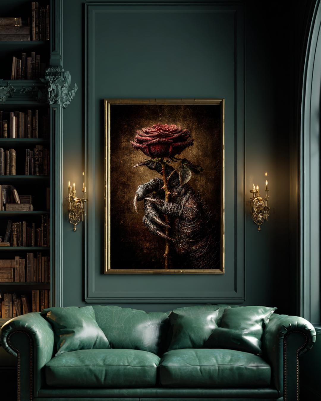 Crimson Rose and Devil Claw Romantasy Wall Art Print, Witchy Occult Artwork Decor