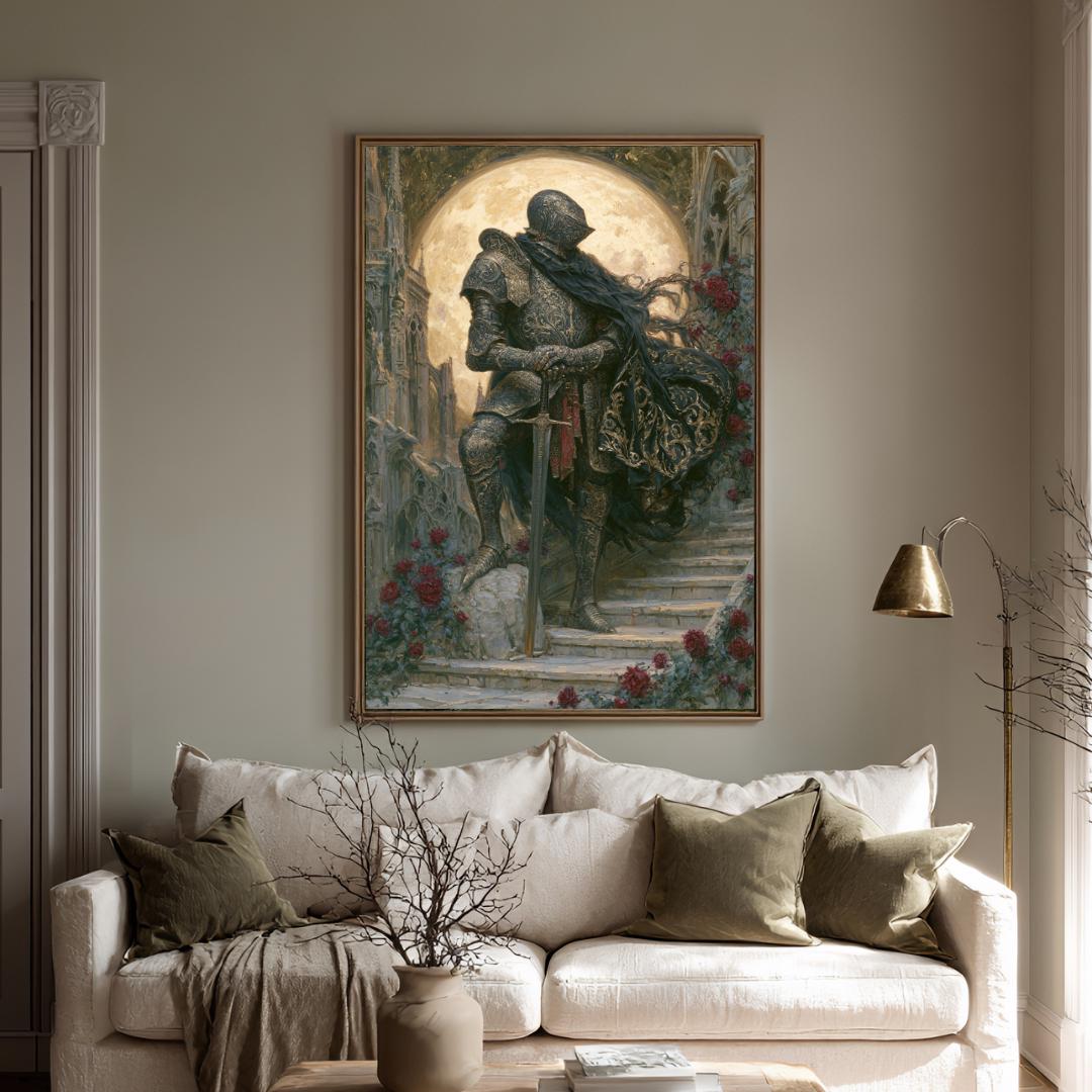Moon Knight Wall Art, Gothic Medieval Knight Print, Dark Academia Castle Moody Decor