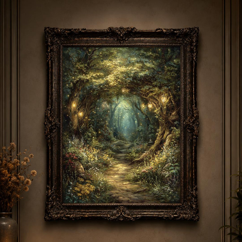 Enchanted Fairy Forest Path Art Print Magical Woodland Lantern Trail, Glowing Fireflies Fantasy Decor