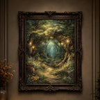 Enchanted Fairy Forest Path Art Print Magical Woodland Lantern Trail, Glowing Fireflies Fantasy Decor