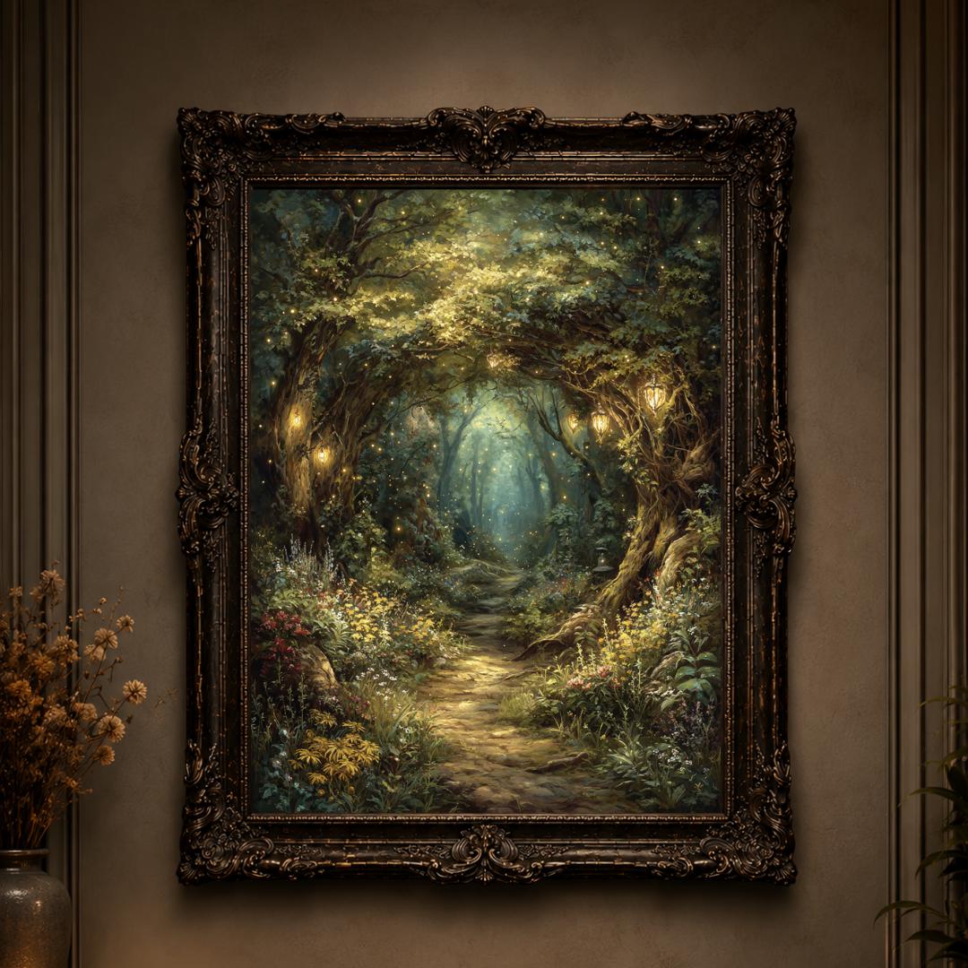 Enchanted Fairy Forest Path Art Print Magical Woodland Lantern Trail, Glowing Fireflies Fantasy Decor