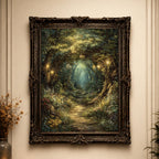 Enchanted Fairy Forest Path Art Print Magical Woodland Lantern Trail, Glowing Fireflies Fantasy Decor