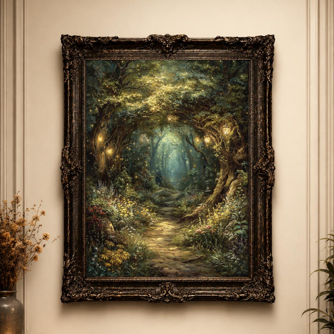 Enchanted Fairy Forest Path Art Print Magical Woodland Lantern Trail, Glowing Fireflies Fantasy Decor