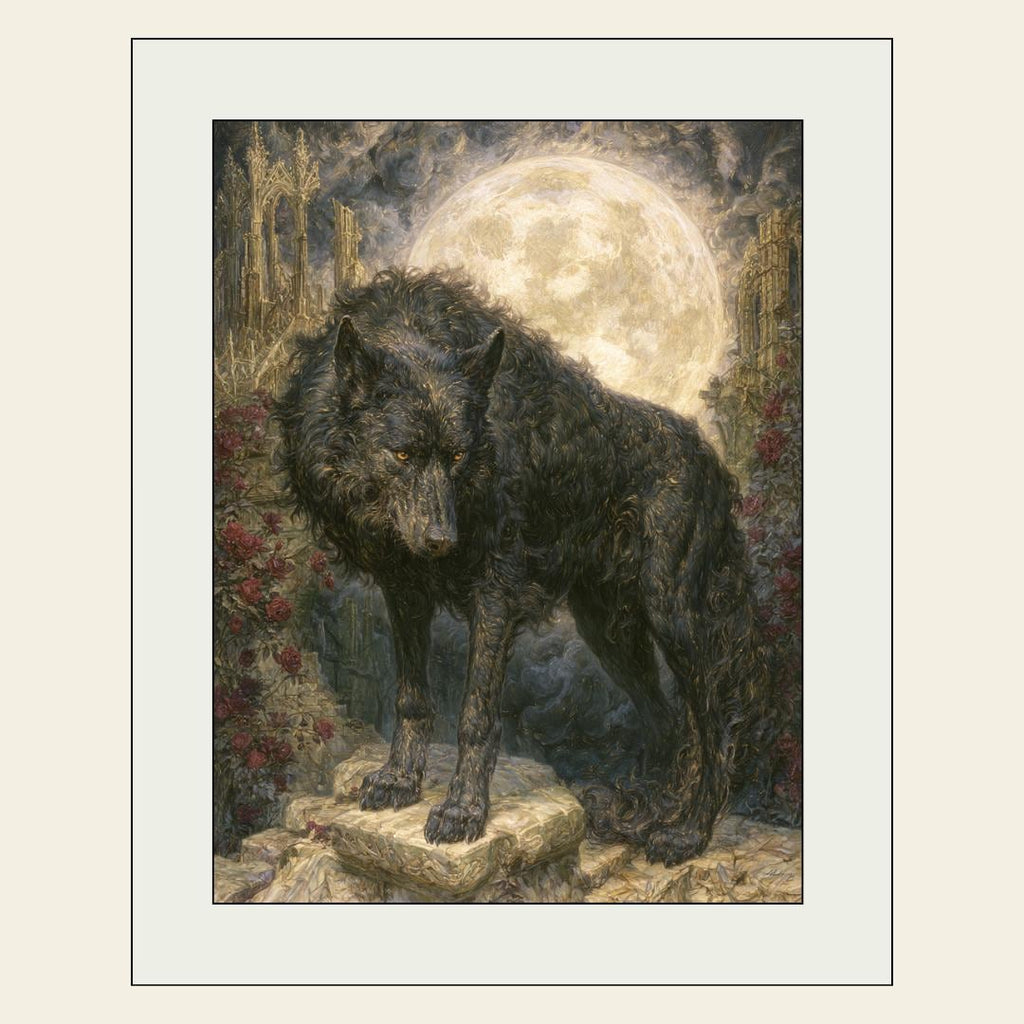 Black Wolf Wall Art, Gothic Moon Decor, Dark Academia Wildlife Animal Print