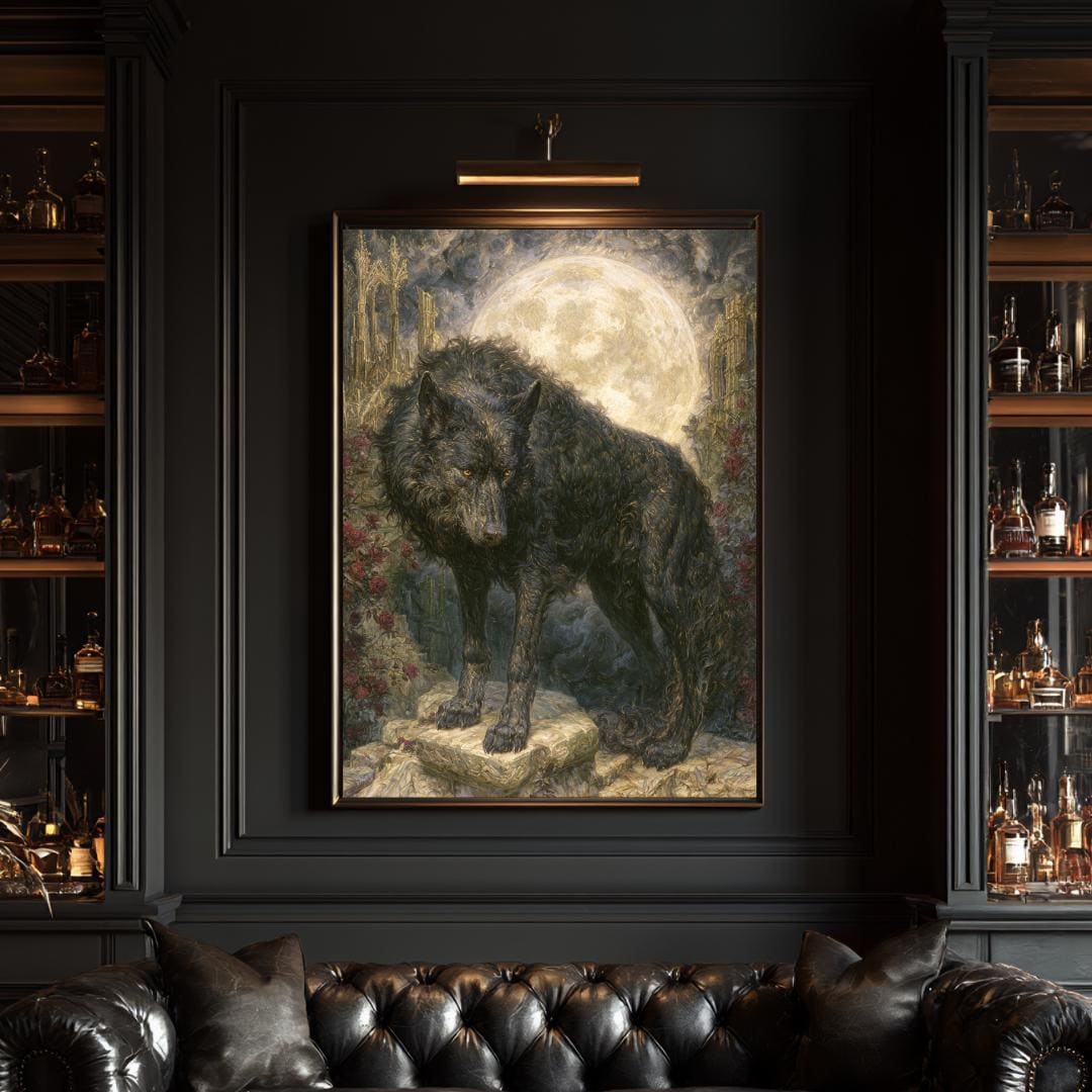 Black Wolf Wall Art, Gothic Moon Decor, Dark Academia Wildlife Animal Print