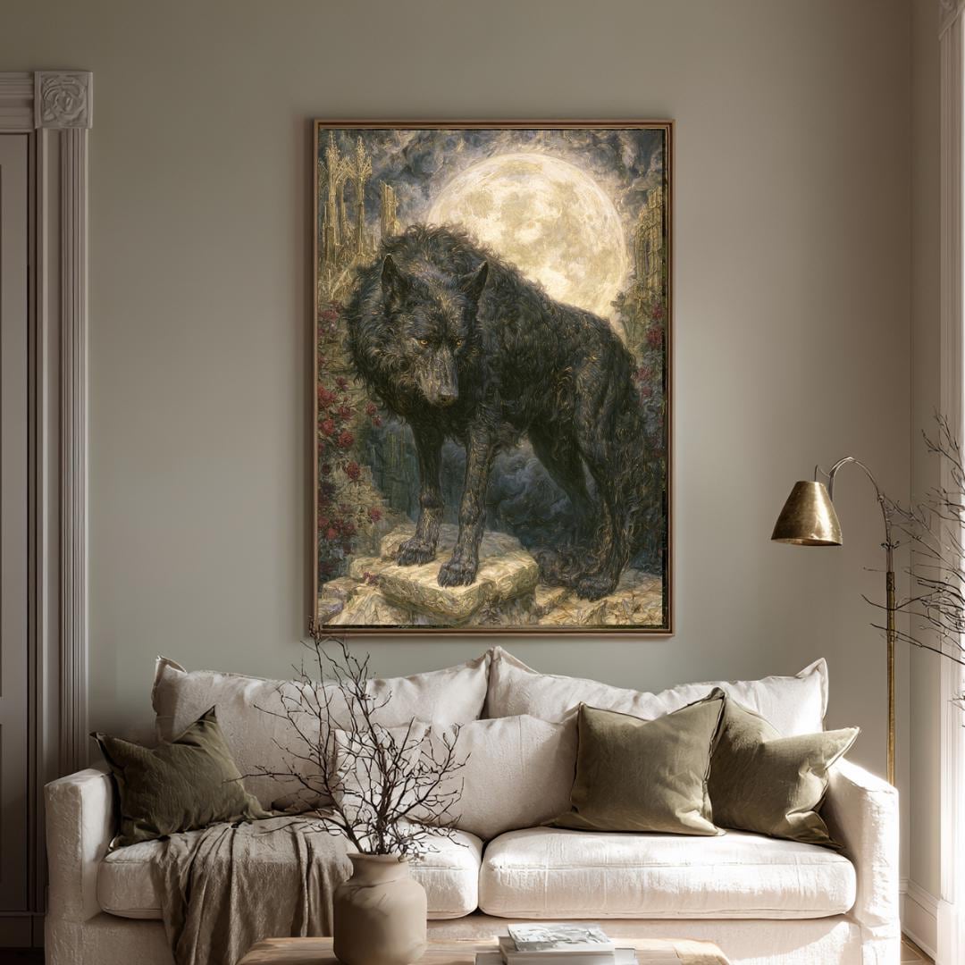 Black Wolf Wall Art, Gothic Moon Decor, Dark Academia Wildlife Animal Print