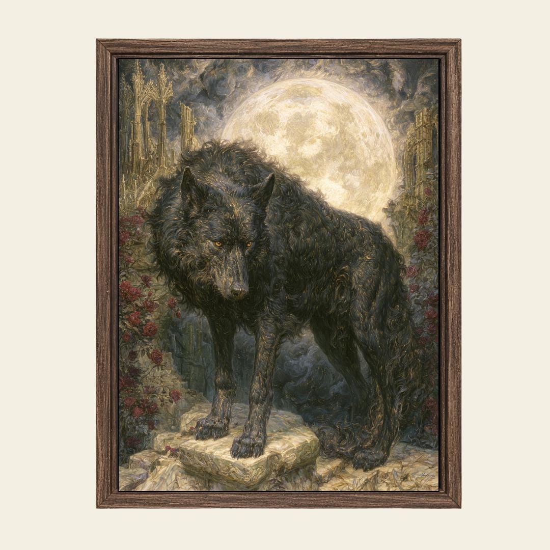 Black Wolf Wall Art, Gothic Moon Decor, Dark Academia Wildlife Animal Print