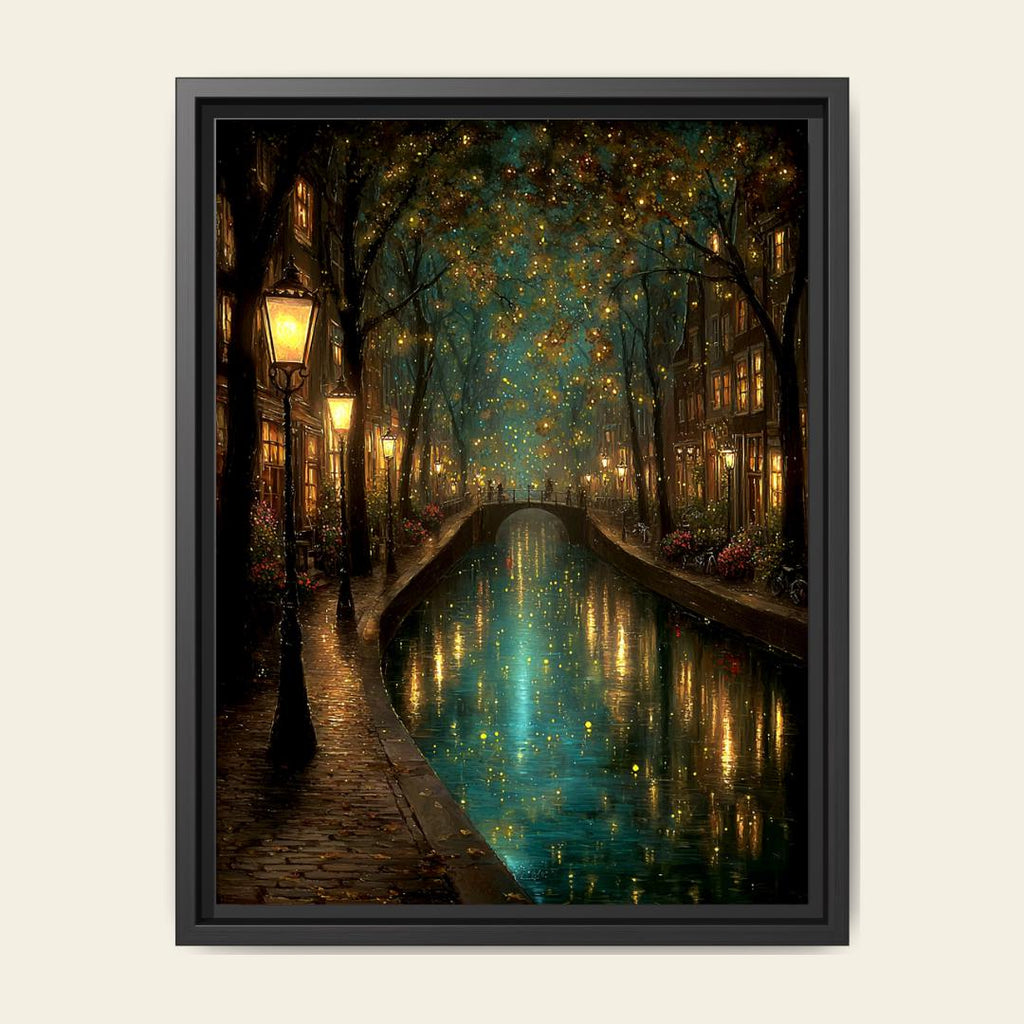Canal Path Nightime Scene Print Glowing Firefly Oil Painting Style Golden Lantern Lit Reflections
