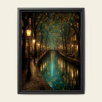 Canal Path Nightime Scene Print Glowing Firefly Oil Painting Style Golden Lantern Lit Reflections