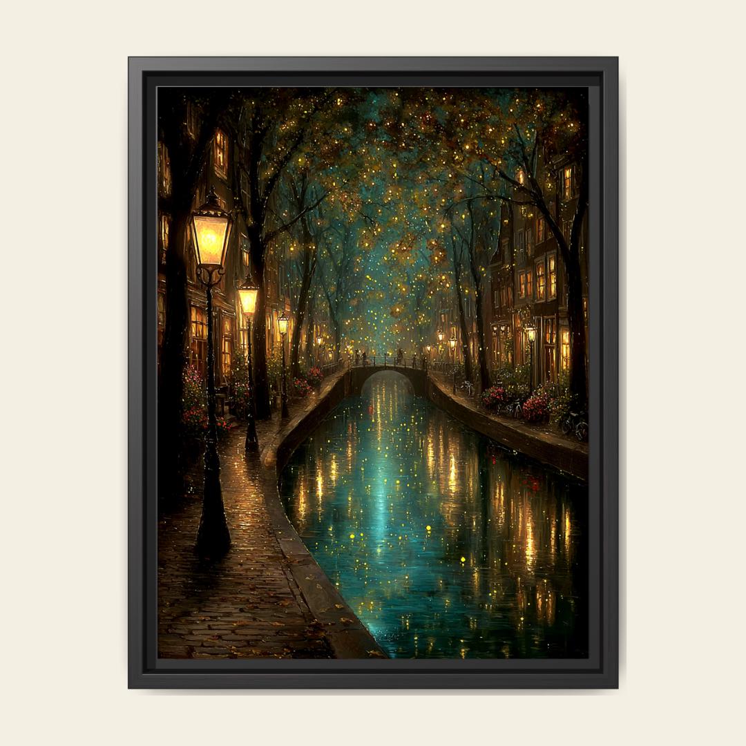 Canal Path Nightime Scene Print Glowing Firefly Oil Painting Style Golden Lantern Lit Reflections