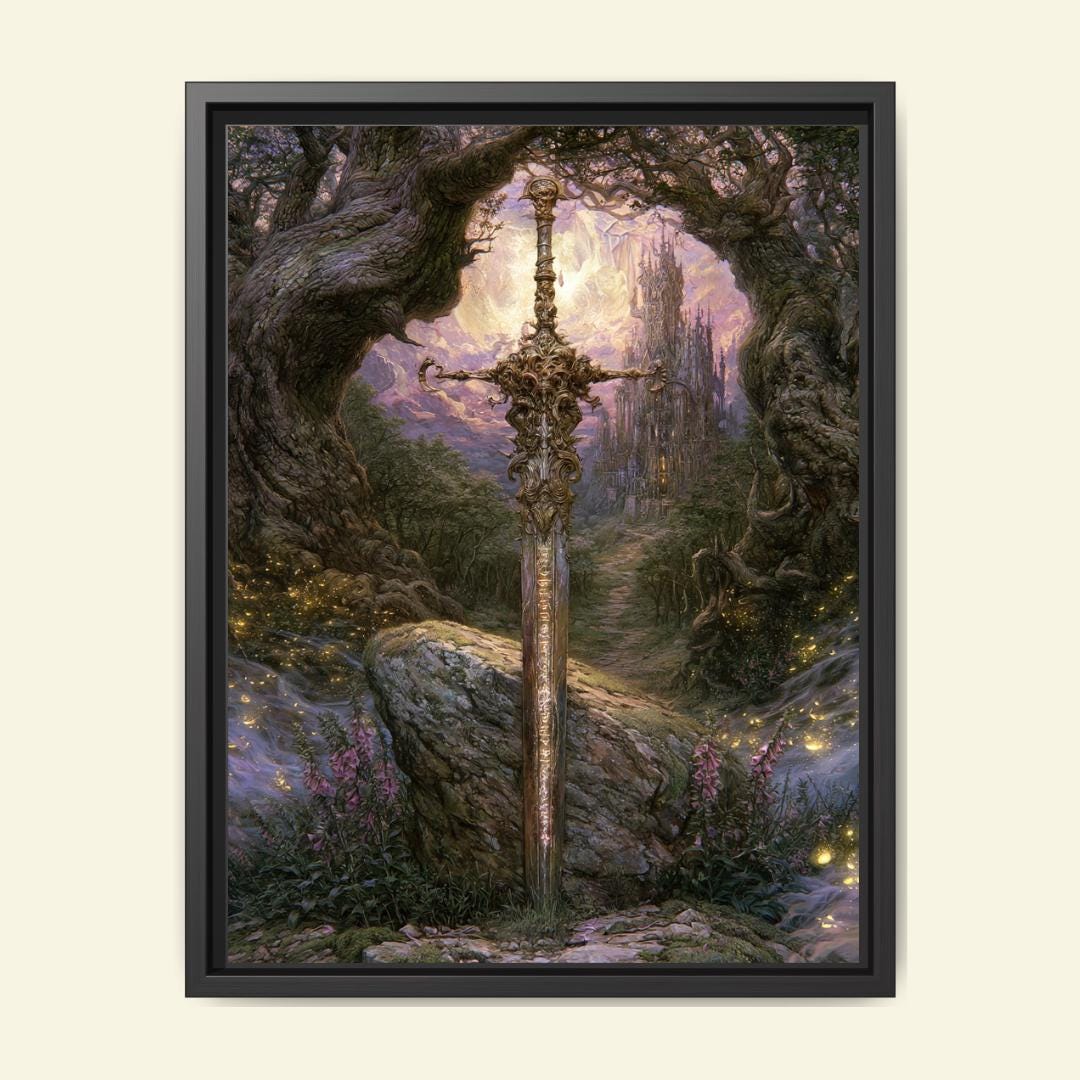 Fantasy Sword Wall Art, Medieval Castle Decor, Gothic Knight Artwork, Dark Academia Print