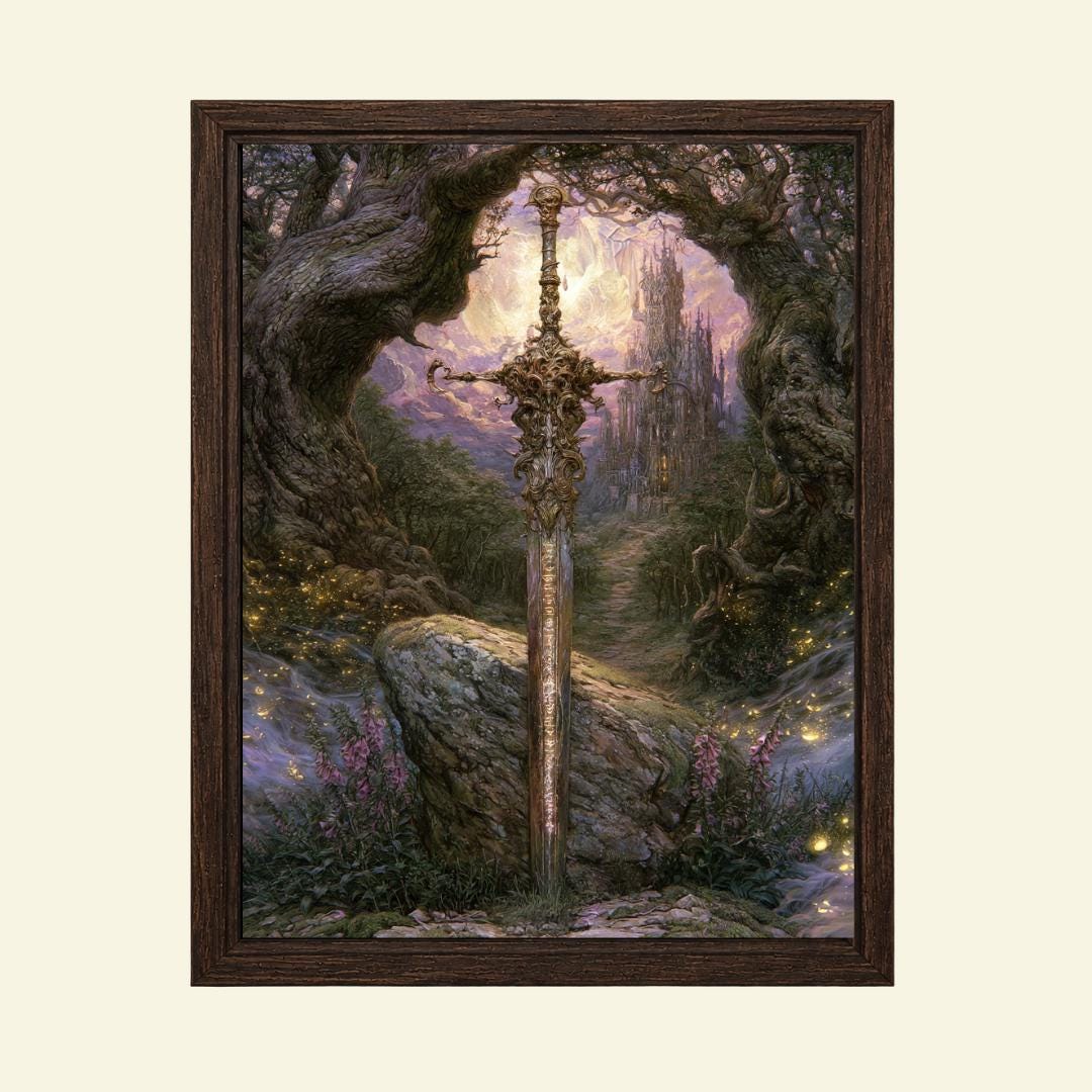 Fantasy Sword Wall Art, Medieval Castle Decor, Gothic Knight Artwork, Dark Academia Print