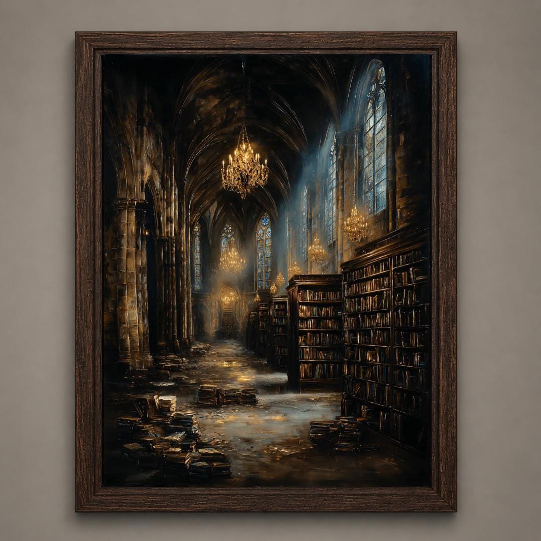 Gothic Cathedral Library Print, Medieval Stone Architecture, Atmospheric oil Painting Style Decor