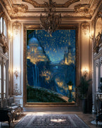 Moonlit Celestial City Wall Art, Fantasy Castle Print, Dark Academia Decor, Enchanted Romantasy Nightscape