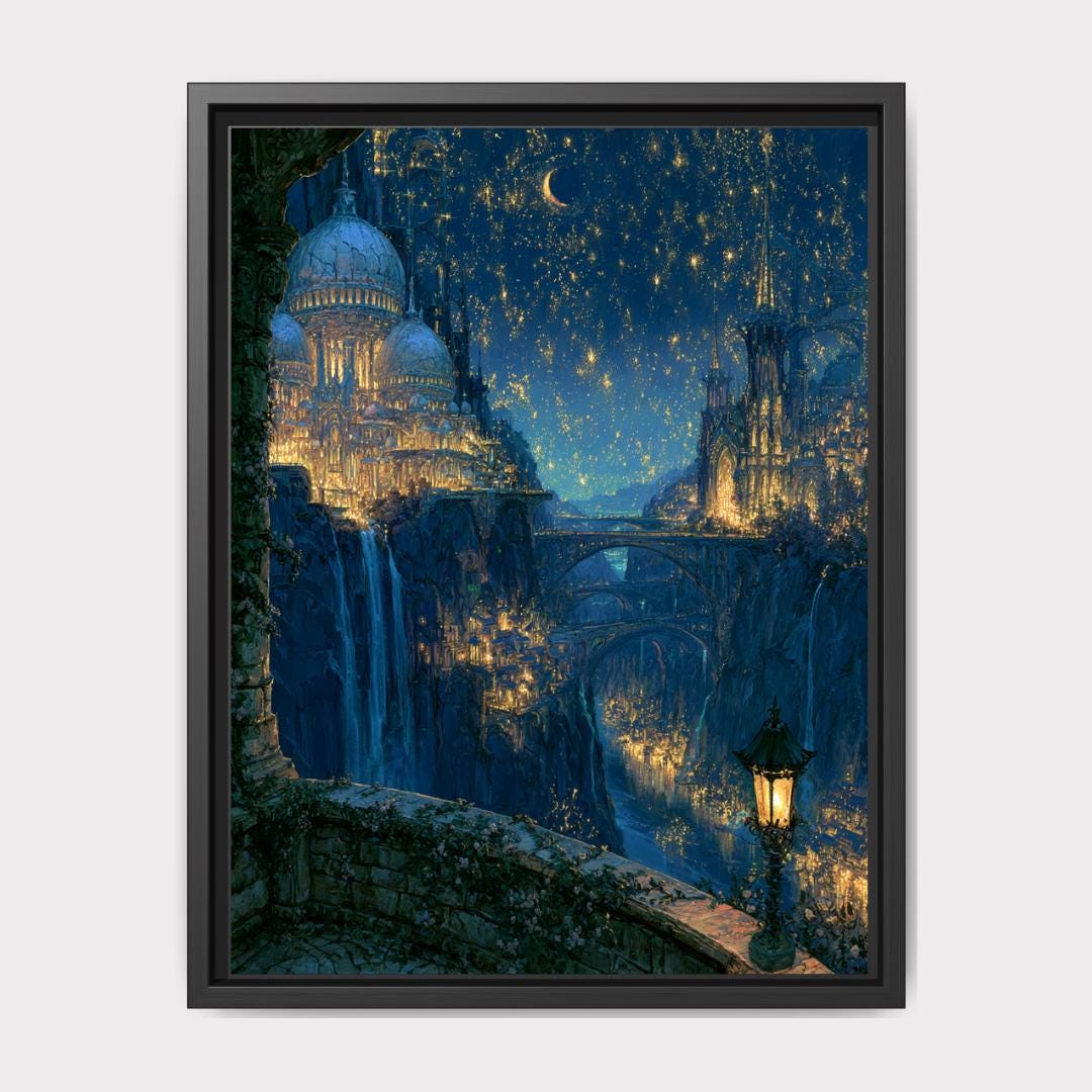 Moonlit Celestial City Wall Art, Fantasy Castle Print, Dark Academia Decor, Enchanted Romantasy Nightscape Main image