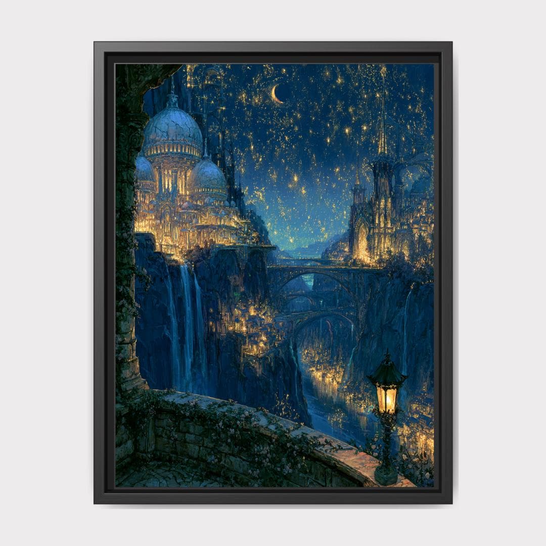Moonlit Celestial City Wall Art, Fantasy Castle Print, Dark Academia Decor, Enchanted Romantasy Nightscape Main image