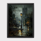 Victorian London Street Art Print, Gothic Cathedral, Rainy Cobblestone Decor
