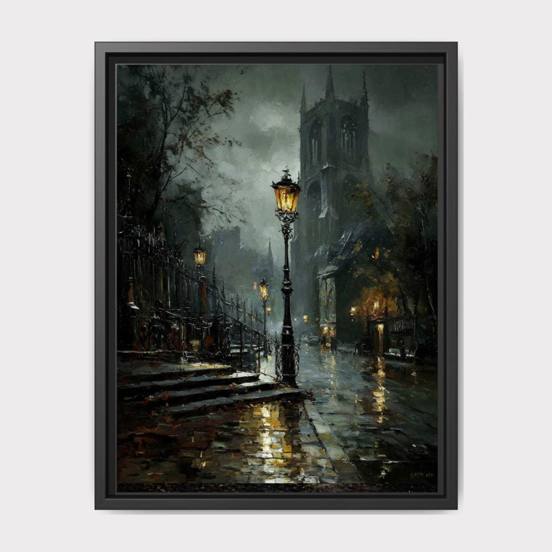 Victorian London Street Art Print, Gothic Cathedral, Rainy Cobblestone Decor