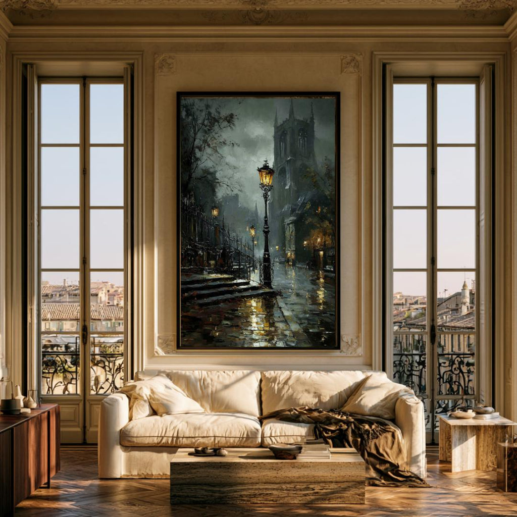 Victorian London Street Art Print, Gothic Cathedral, Rainy Cobblestone Decor