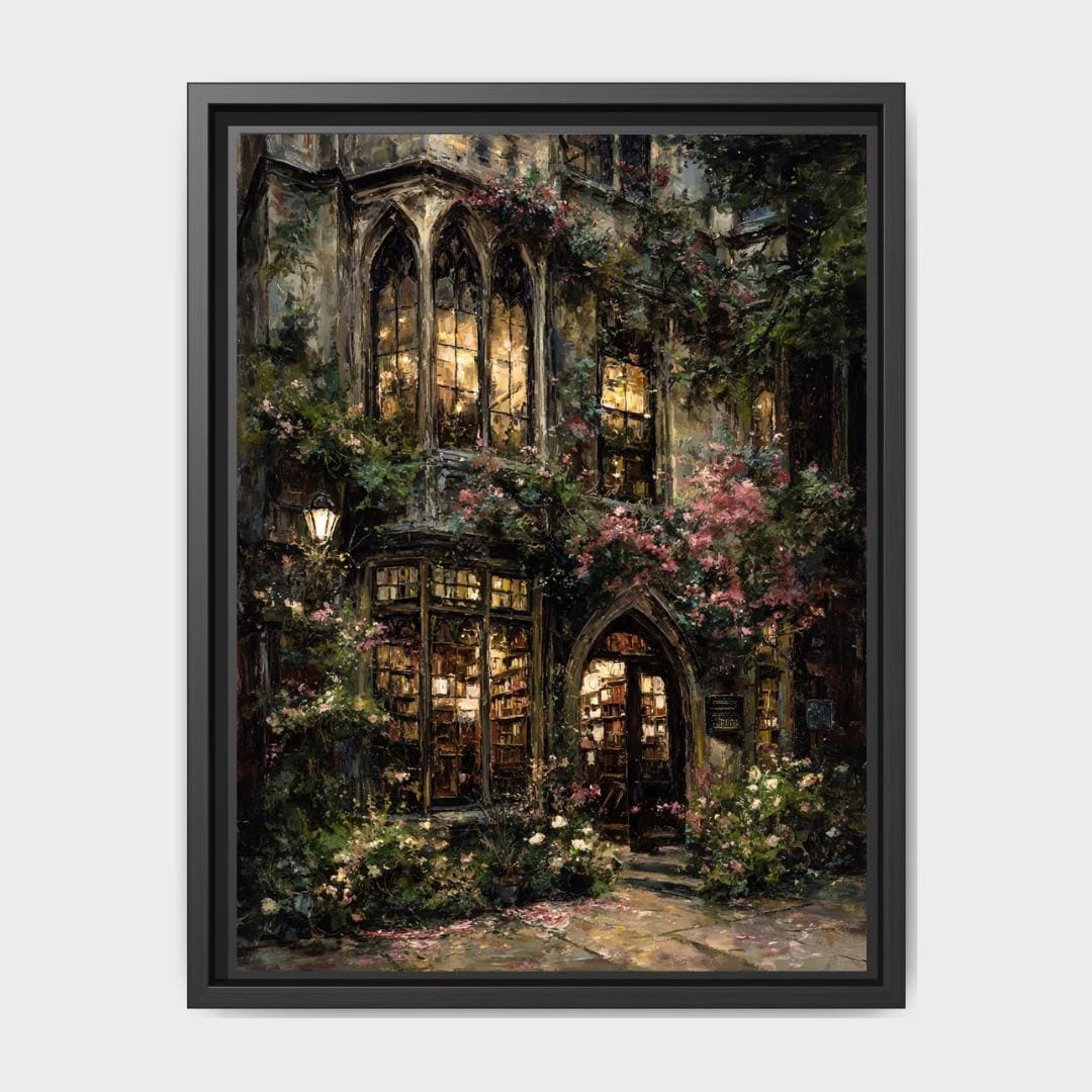 Pink Roses Vintage Bookstore Shopfront, Dark Moody Oil Painting Style Print Main image