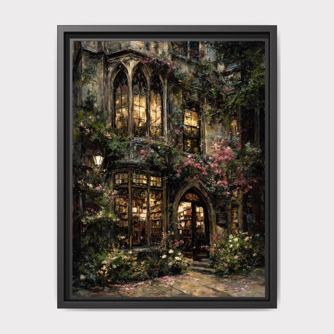 Pink Roses Vintage Bookstore Shopfront, Dark Moody Oil Painting Style Print Main image