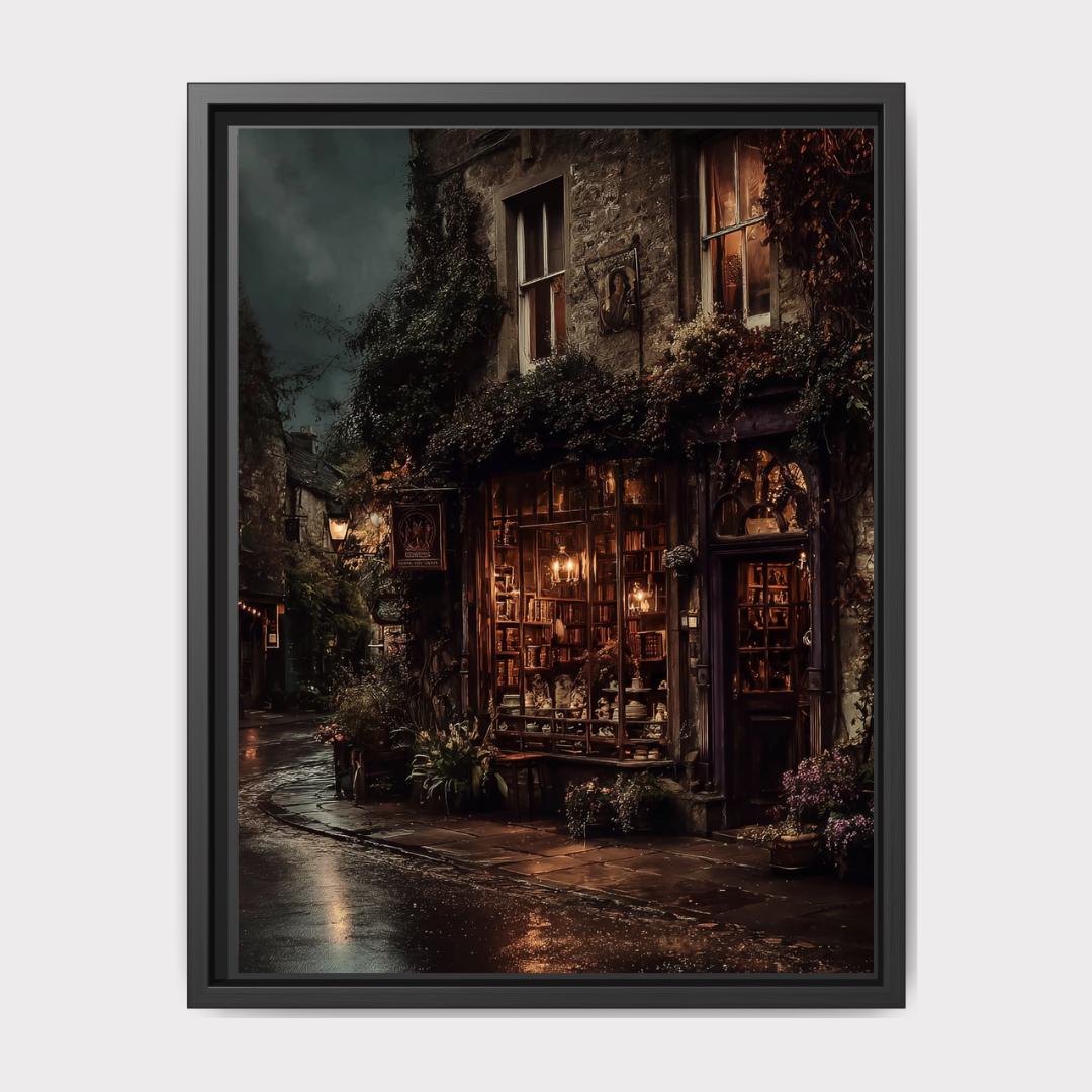 Vintage Rainy Street Bookshop Art Print Night Alley Dark Academia Streets of Europe Decor Main image