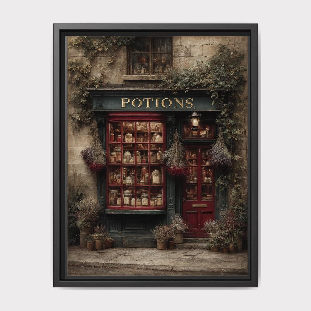 Vintage Apothecary Potion Storefront Art Print, Cobblestone Street Scene Painting