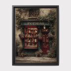 Vintage Apothecary Potion Storefront Art Print, Cobblestone Street Scene Painting